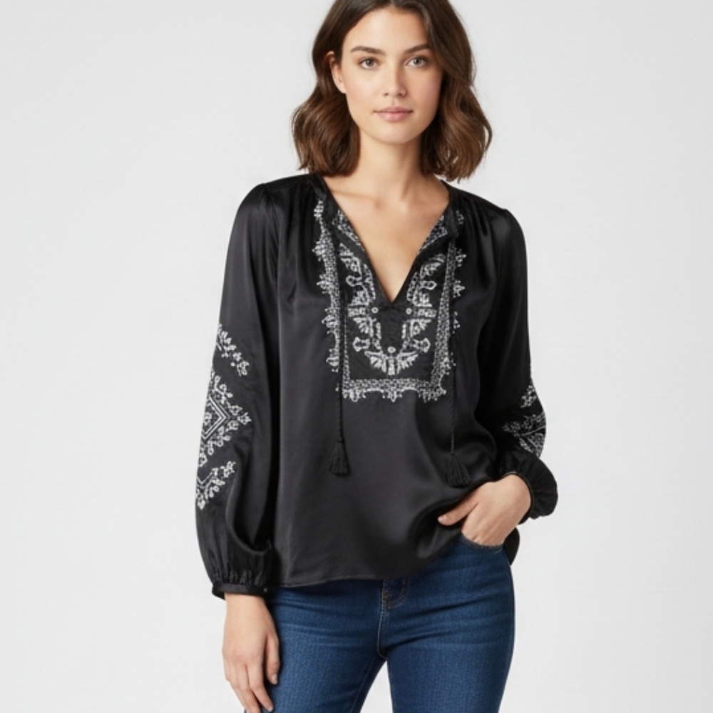 Lucky Brand Satin Boho Black Long Sleeve Blouse